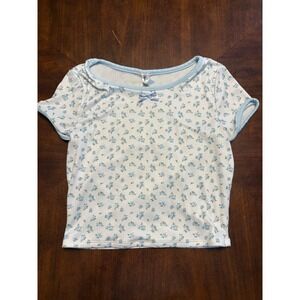 7Day Wknd Floral Baby Tee Women Medium Blue Ribbed Bow Crop Top
